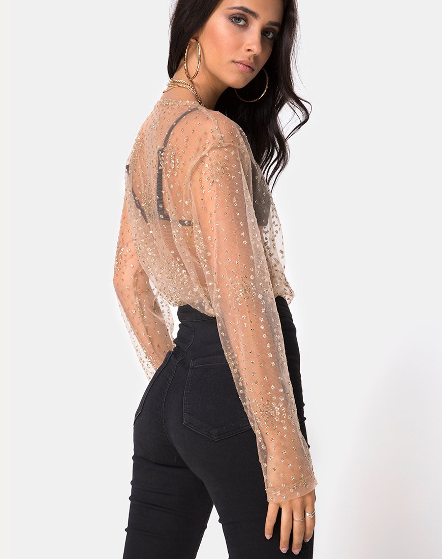 Ether Langarm-Top in Gold Glitter auf Netz Tan