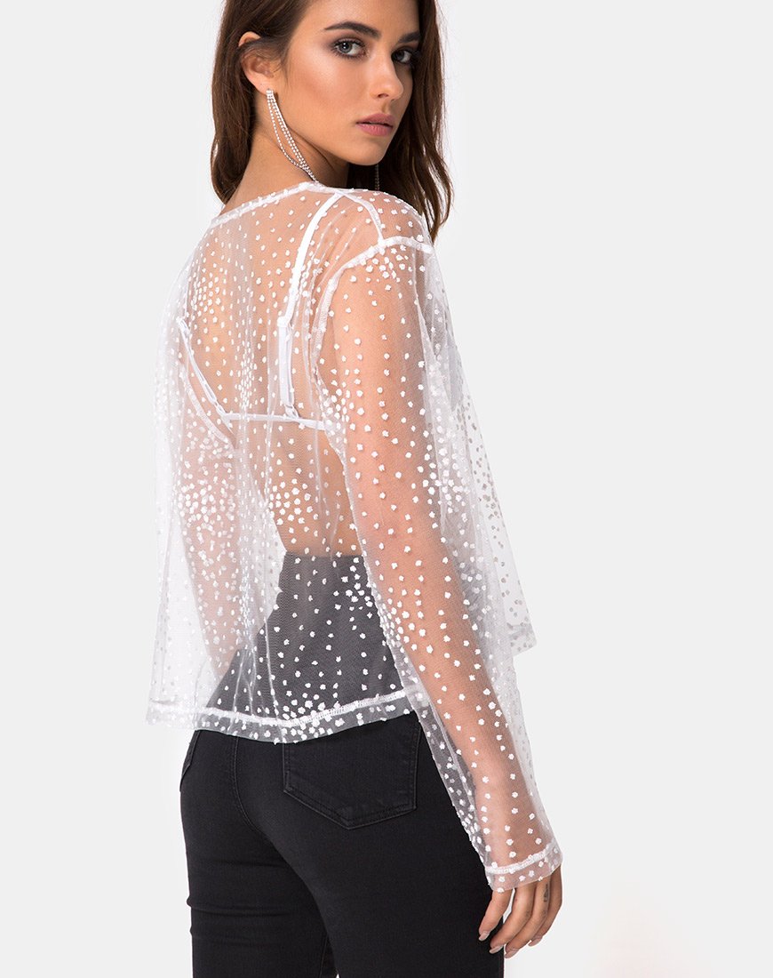 Image of Ether Langarm-Top in Weiß Glitter auf Netz Weiß