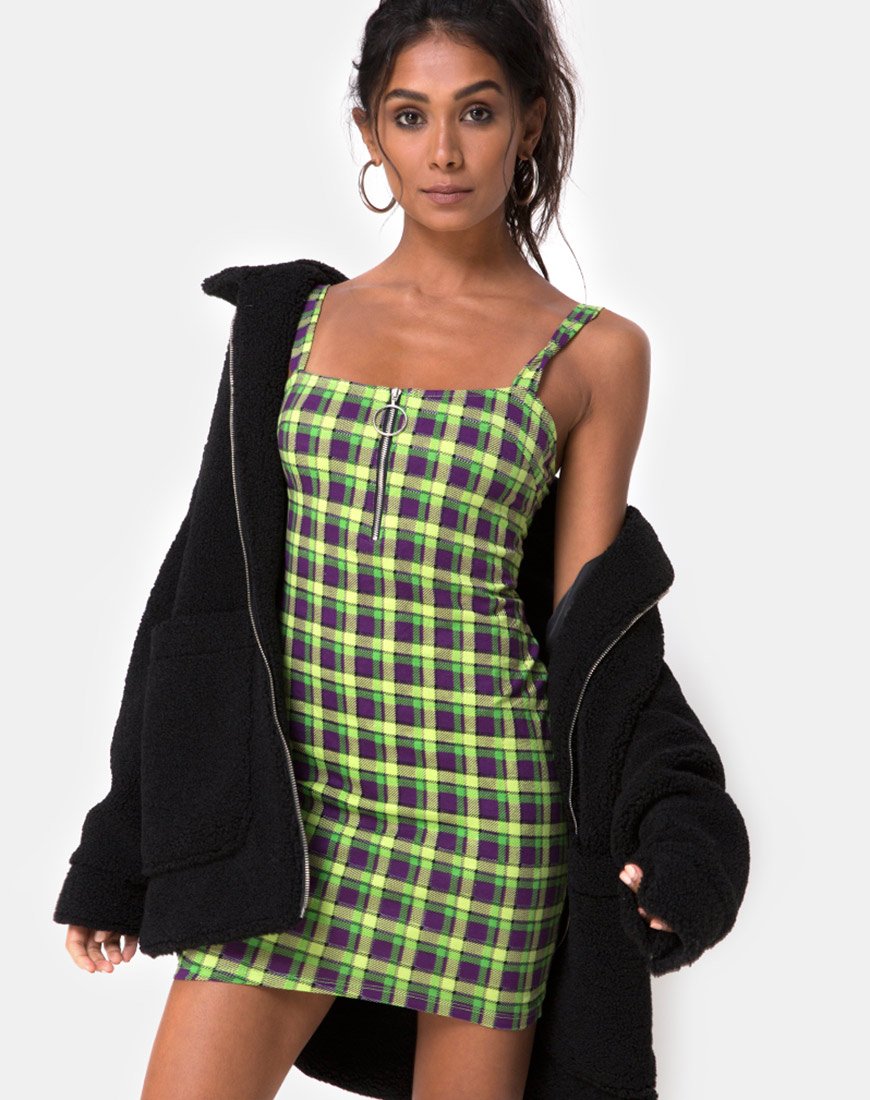 Farzi Bodycon Kleid in Grün und Lila Karo