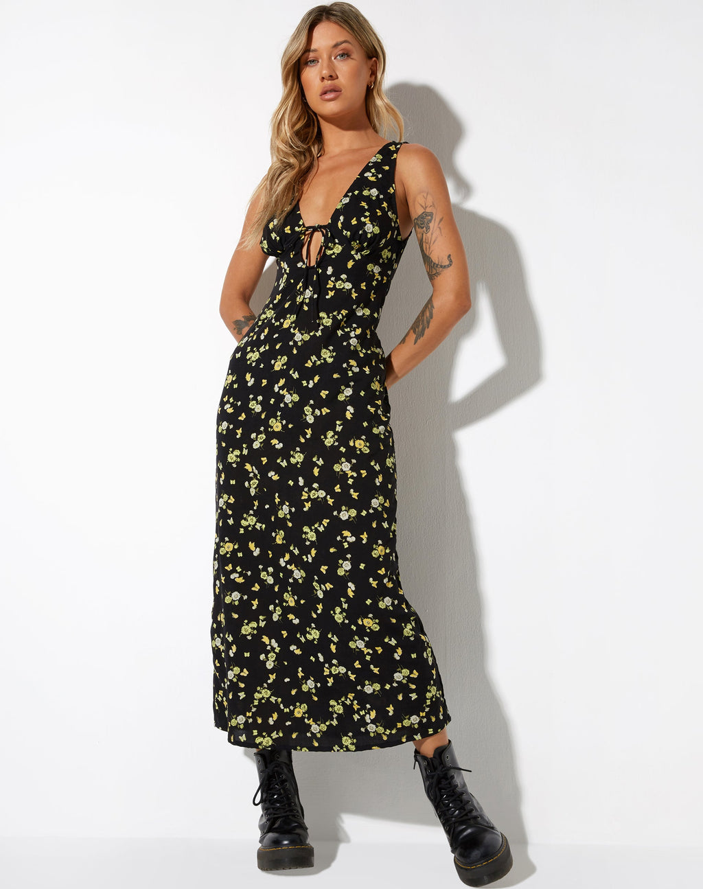 Fiaso Midikleid aus Zitrone und Limone Schwarz