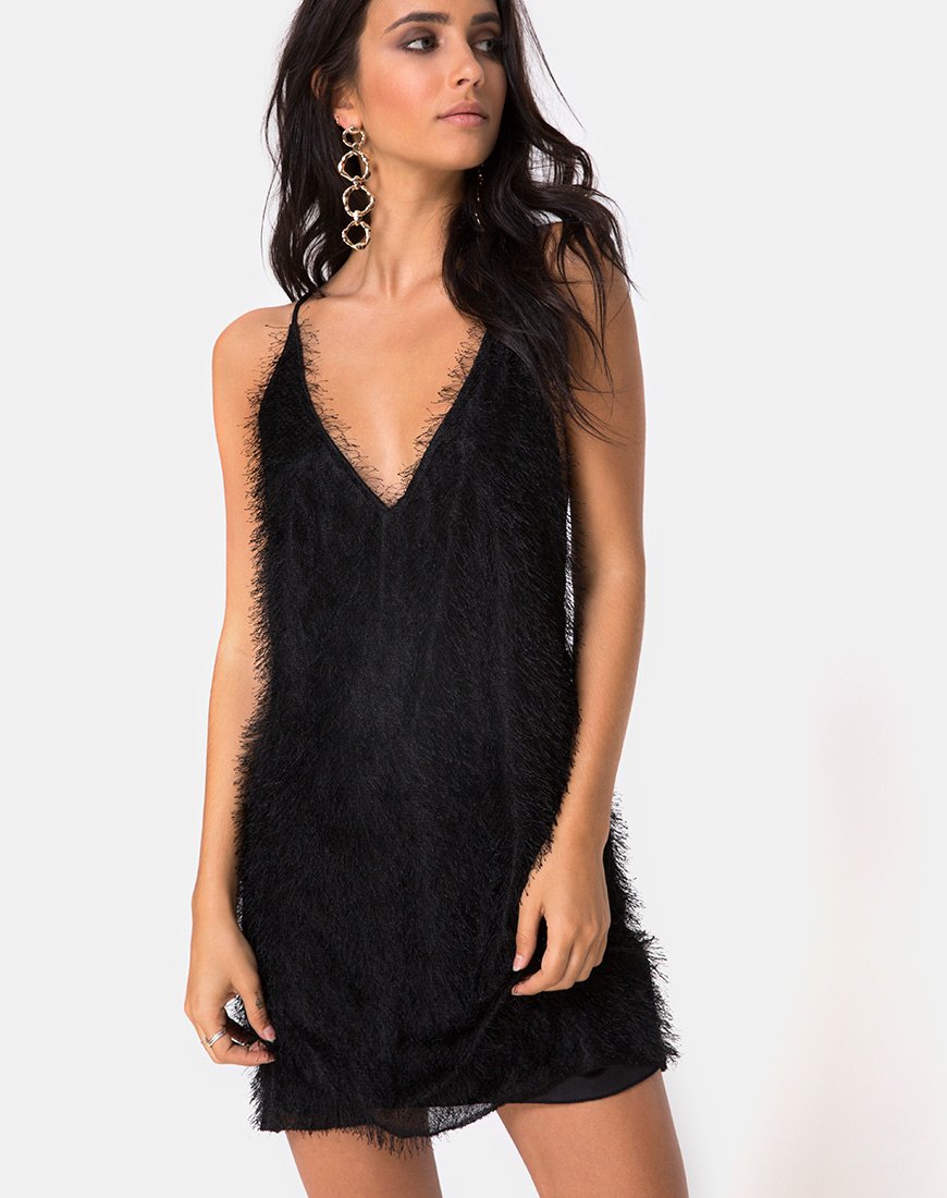Finn Slip Dress aus Fransen Schwarz