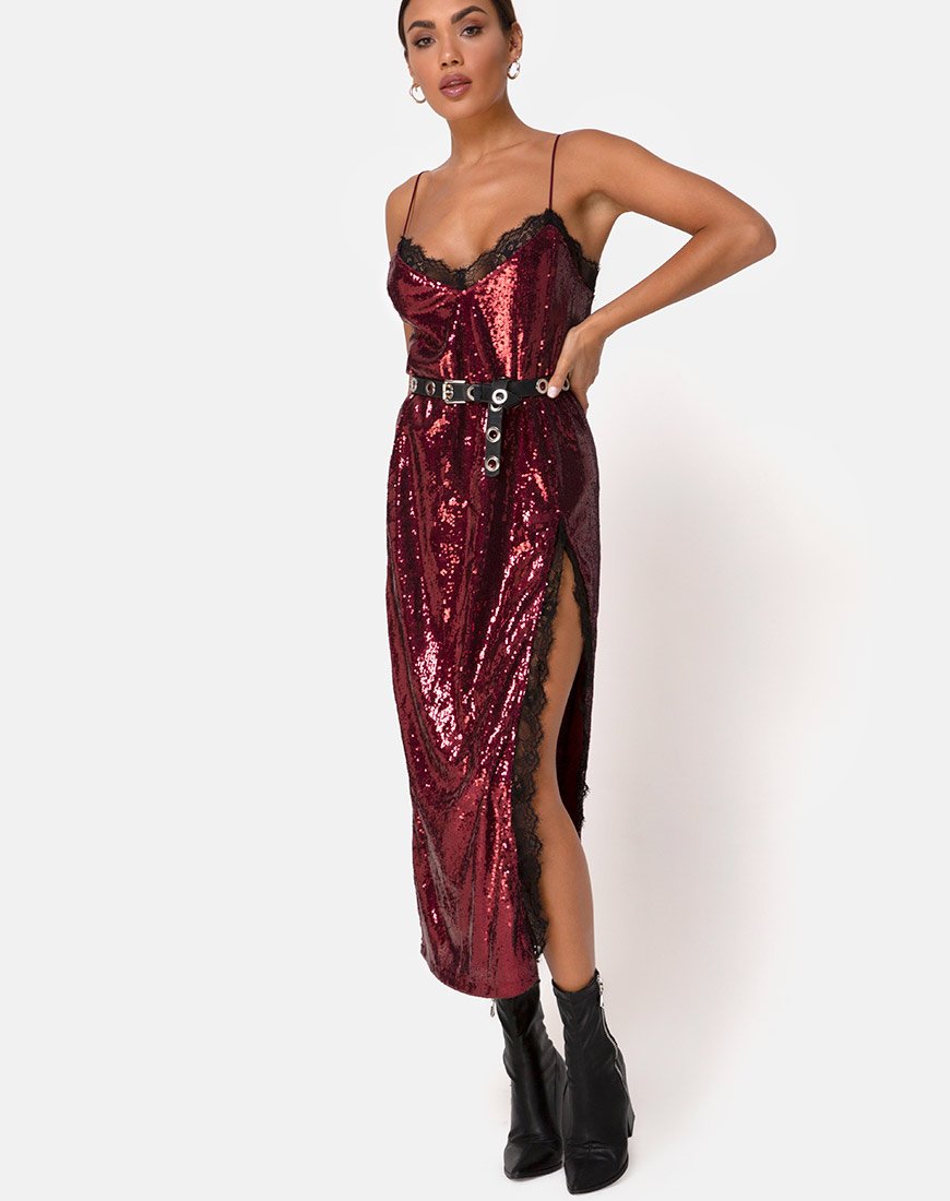 Image of Fitilia Kleid in Burgund Mini Pailletten mit schwarzer Spitze