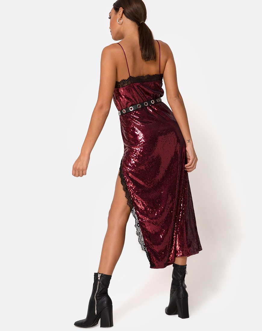 Image of Fitilia Kleid in Burgund Mini Pailletten mit schwarzer Spitze