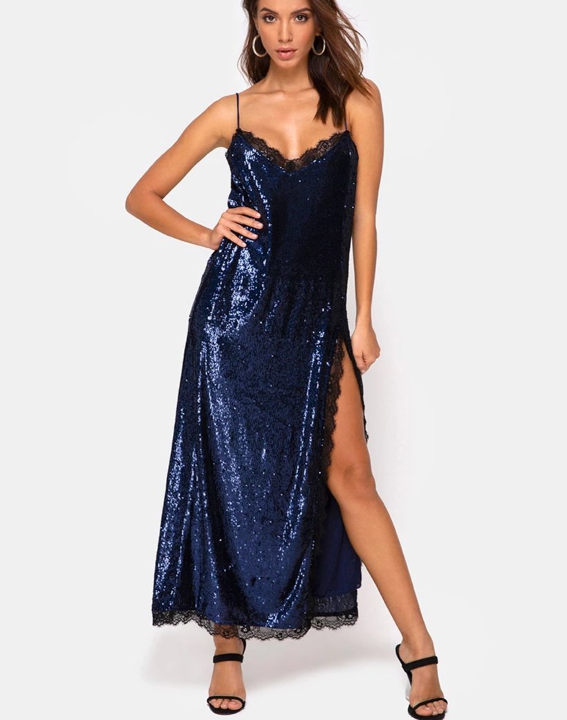 Fitilia Maxikleid aus Midnight Mini Pailletten mit schwarzer Spitze
