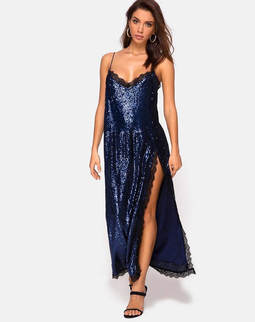 Bild von Fitilia Maxikleid in Midnight Mini Pailletten mit schwarzer Spitze