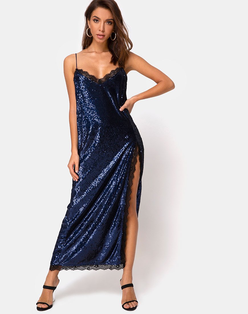 Bild von Fitilia Maxikleid in Midnight Mini Pailletten mit schwarzer Spitze