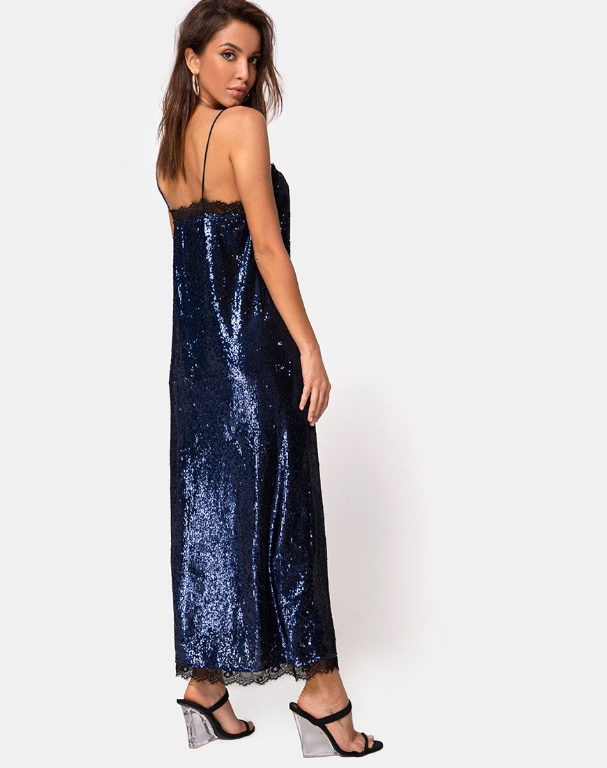 Fitilia Maxikleid aus Midnight Mini Pailletten mit schwarzer Spitze