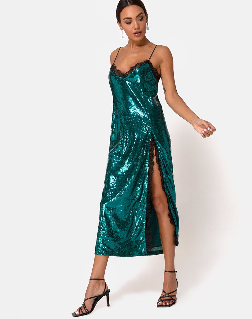 Fitilia Kleid in Teal Mini Pailletten mit schwarzer Spitze