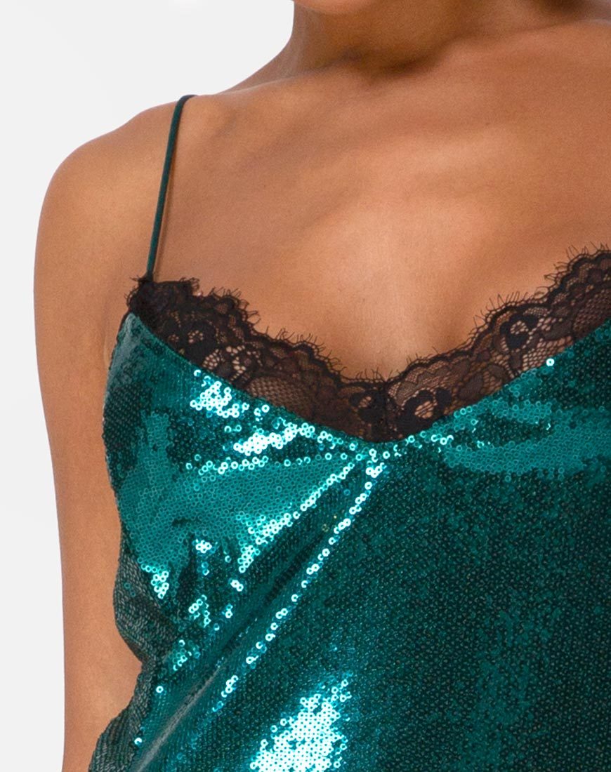 Bild von Fitilia Kleid in Teal Mini Pailletten mit schwarzer Spitze