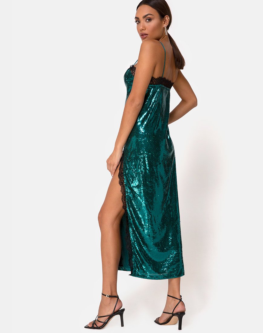 Fitilia Kleid in Teal Mini Pailletten mit schwarzer Spitze
