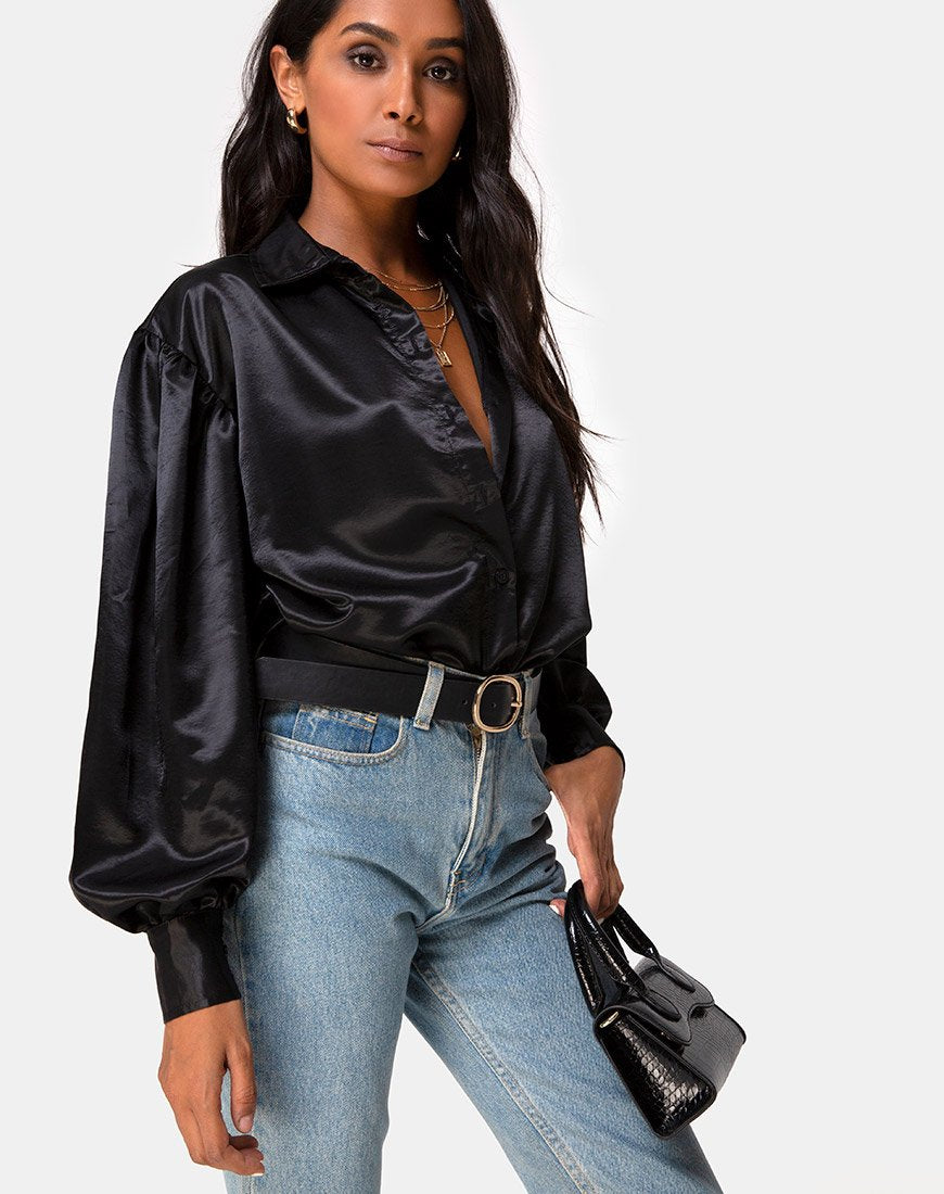 Frantic Langarmbluse aus Satin Schwarz