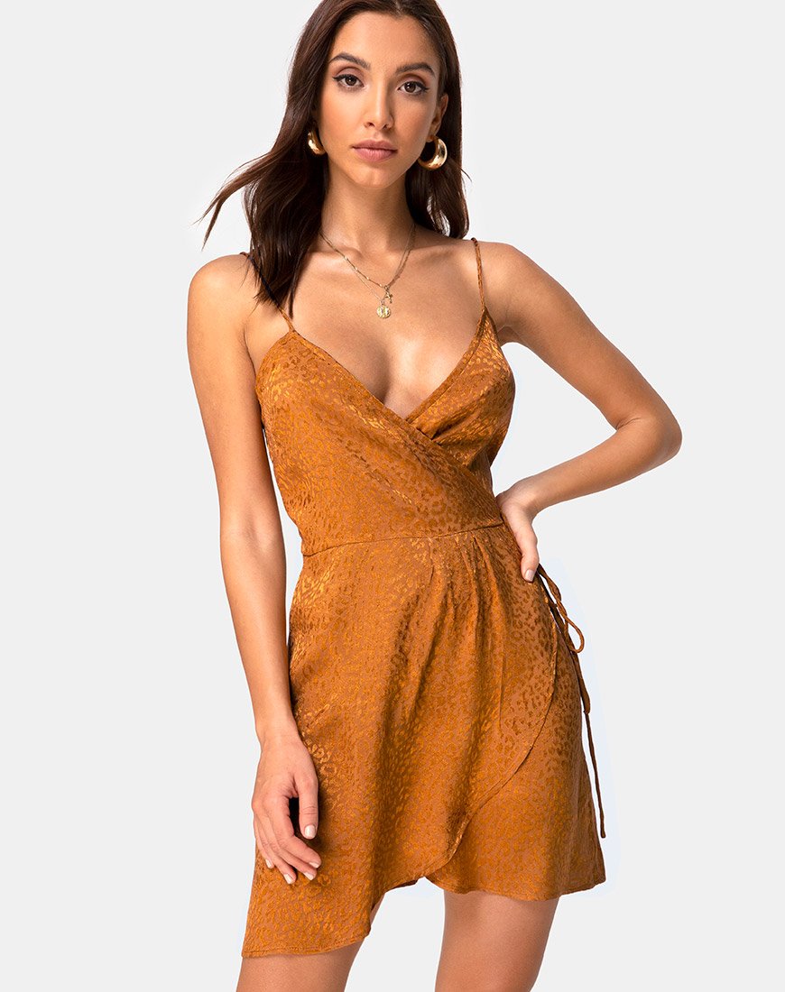Furiosa Wickelkleid aus Gold Satin Cheetah