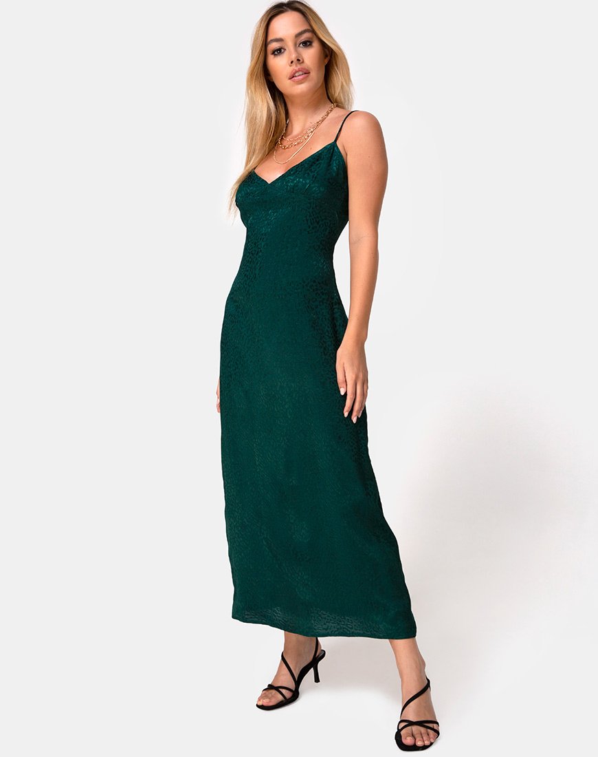 Image of Gaela Slip Dress in Satin Cheetah Forest Green