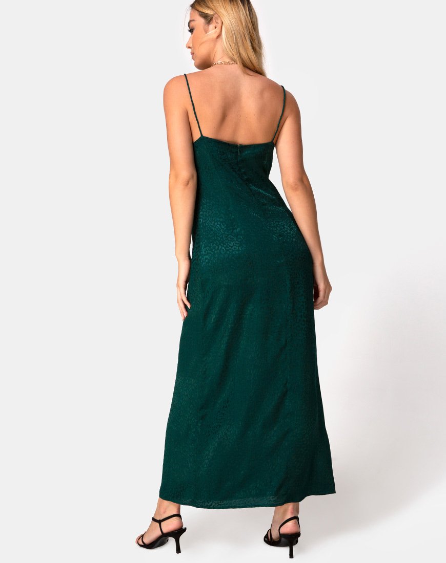 Image of Gaela Slip Dress in Satin Cheetah Forest Green