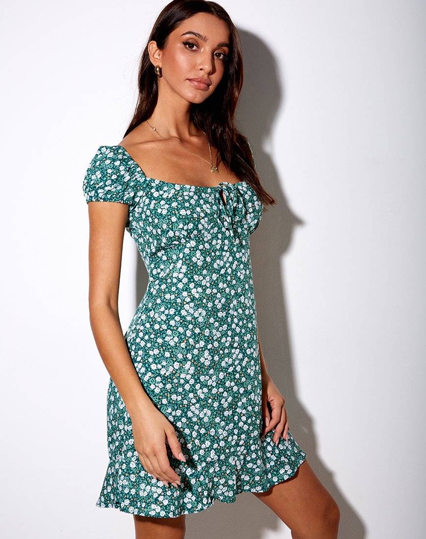 Image of Galaca Minikleid aus geblümtem Feld Grün