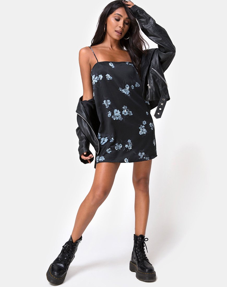 Image of Gashi Slip Dress in Mono Flower Schwarzer Satin