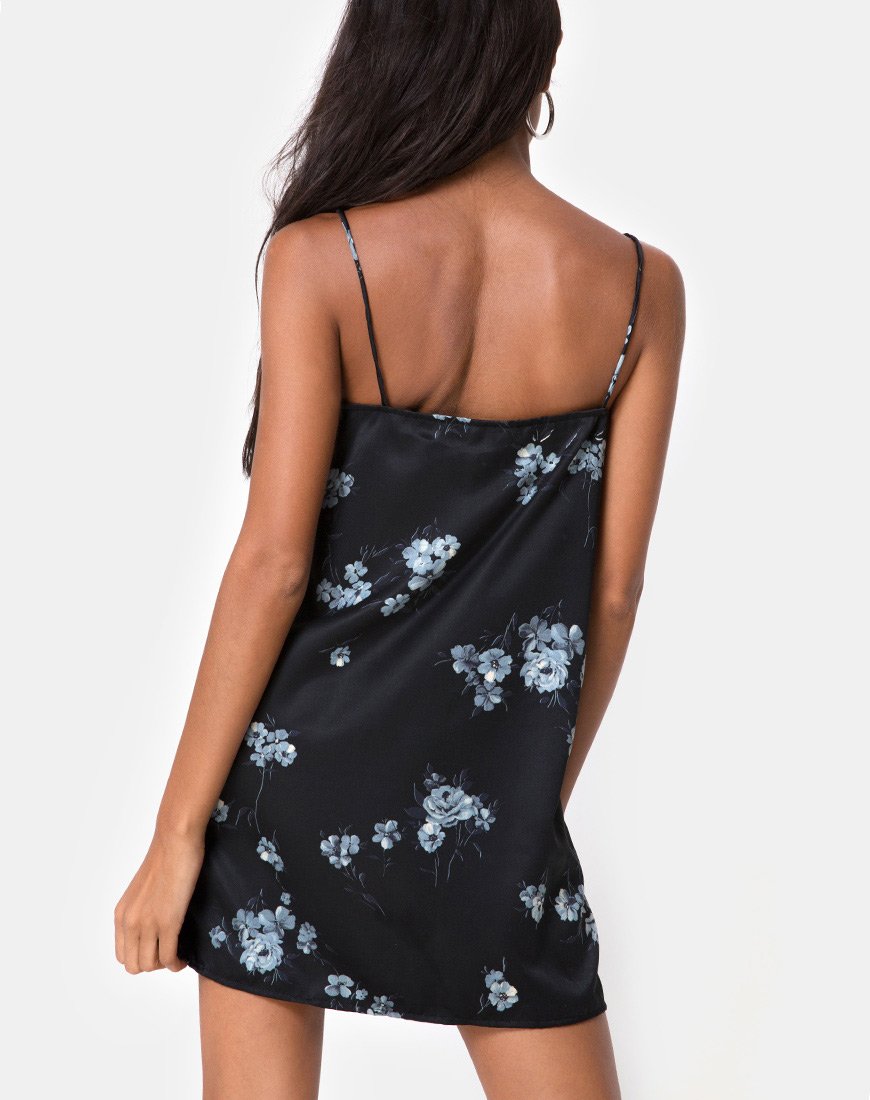 Gashi Slip Dress in Mono Flower Schwarzer Satin