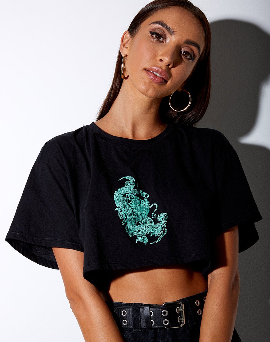 Bild von Georgi Cropped Tee in Schwarz und Mint Dragon Placement
