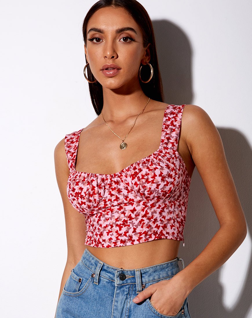 Bild von Gladis Vest Crop Top in Ditsy Butterfly Pfirsich und Rot