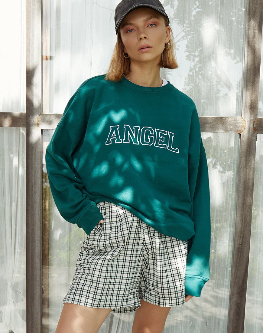 Image of Glo Sweatshirt in Flaschengrün mit Engelsstickerei in Weiß