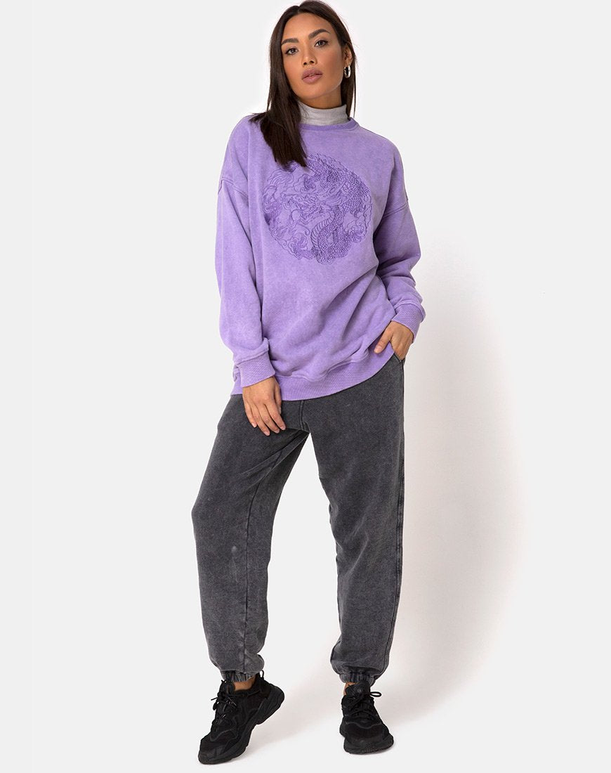 Image of Glo Sweatshirt in fliederfarbener Waschung mit Drachen-Stickerei