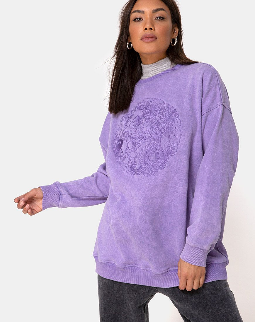 Glo Sweatshirt in fliederfarbener Waschung mit Drachen-Stickerei