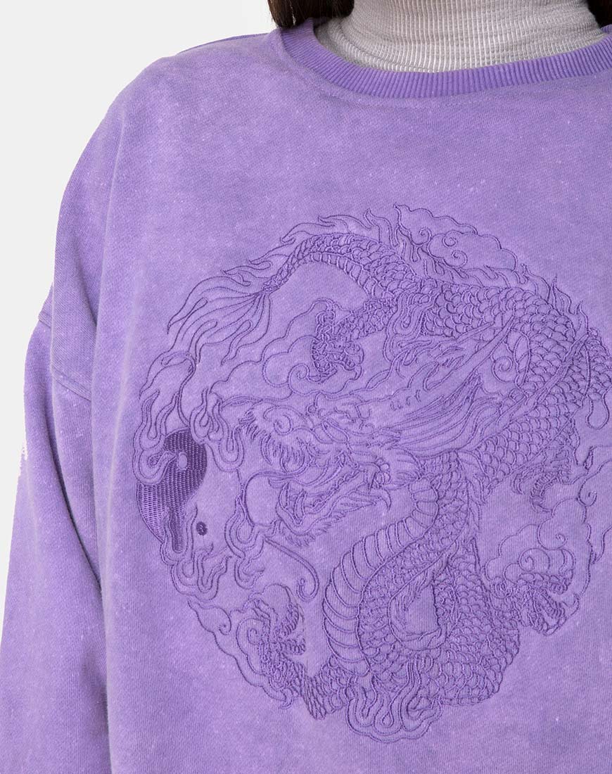 Image of Glo Sweatshirt in fliederfarbener Waschung mit Drachen-Stickerei