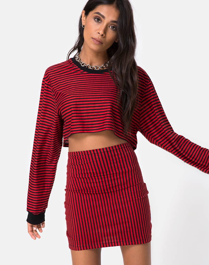 Bild von Kimmy Bodycon Rock in Mini Stripe Rot und Schwarz