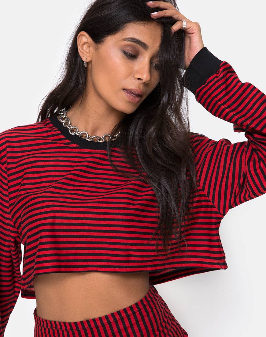 Image of Goce Crop Top in Mini Stripe Rot und Schwarz
