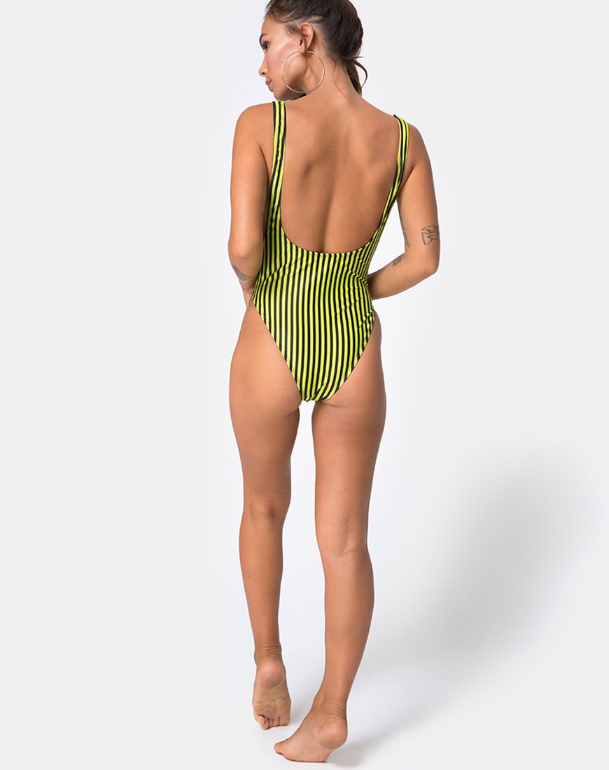 Bild der Göttin Badeanzug in Slim Stripe Schwarz Citrin