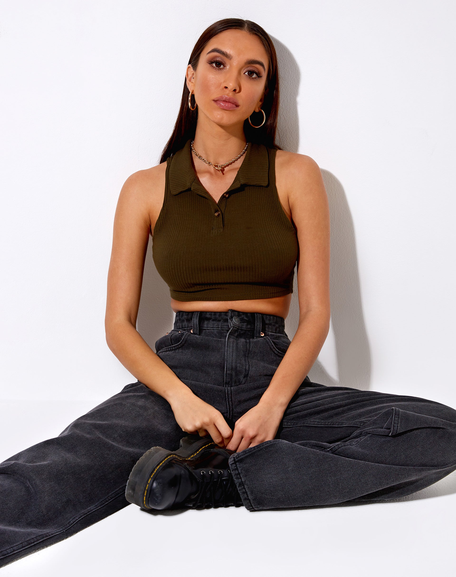 Bild von Guaco Crop Top in Rippe Khaki