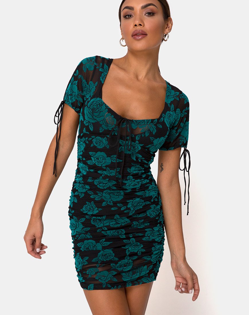 Image of Guenetta Minikleid in romantischem Rosenflock Teal