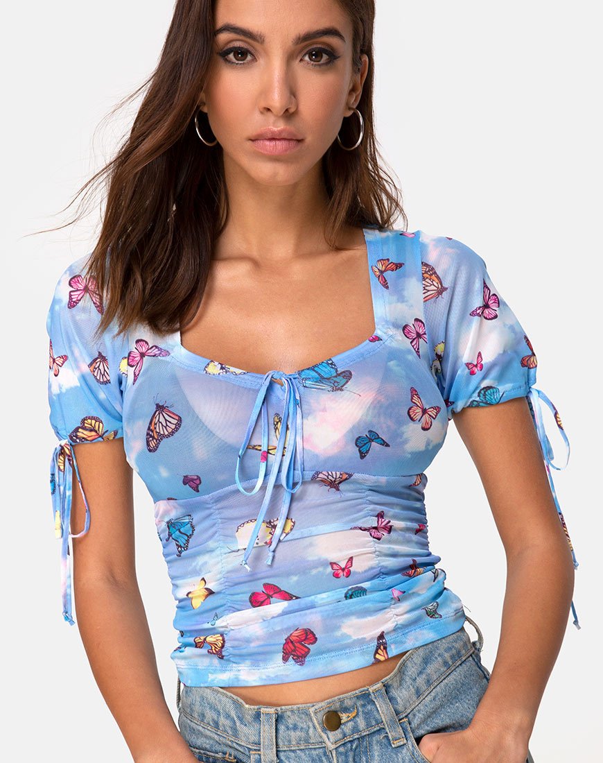 Guinevre Top Mesh Blau Schmetterling