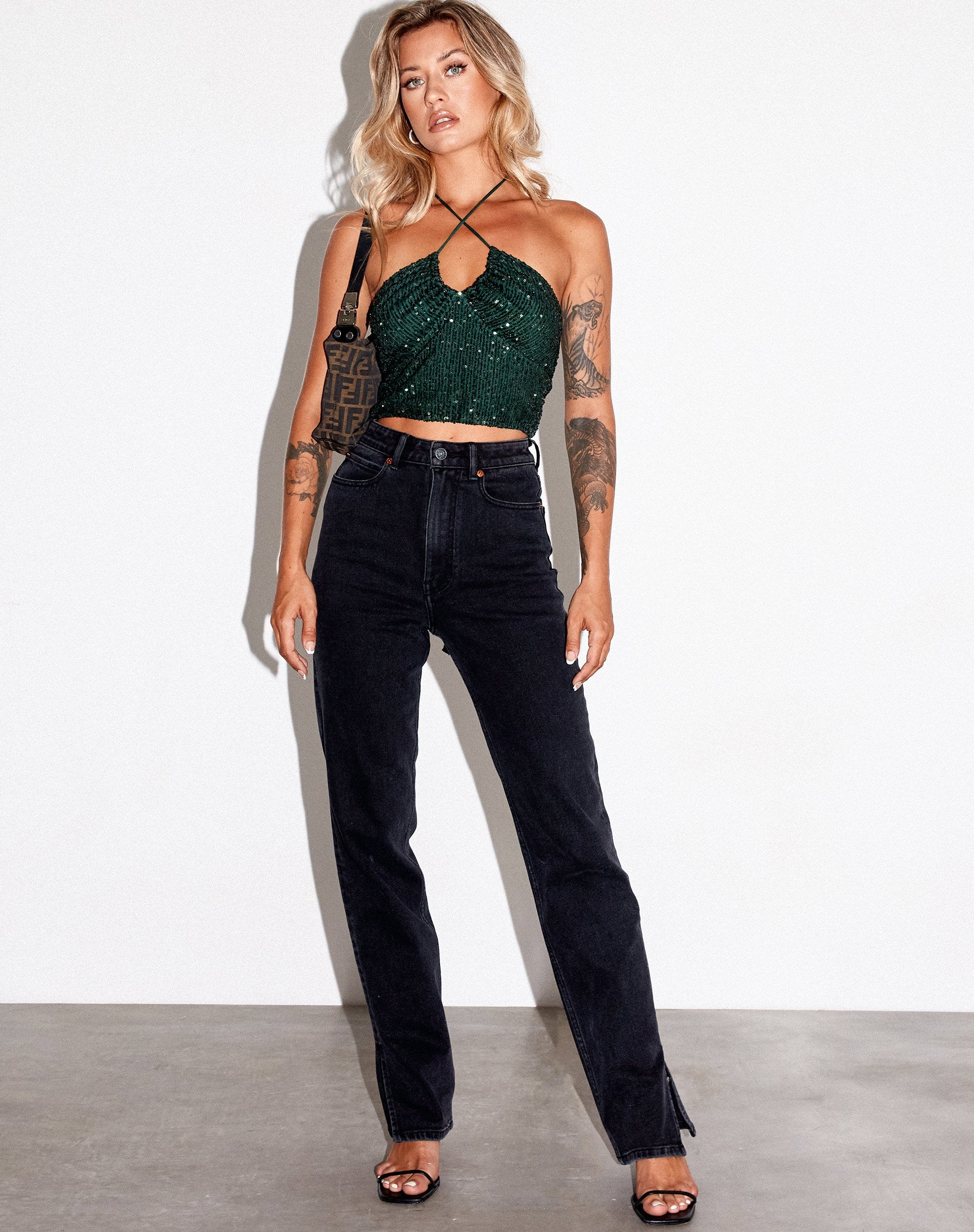 Bild von Haltri Crop Top in Drape Pailletten Waldgrün