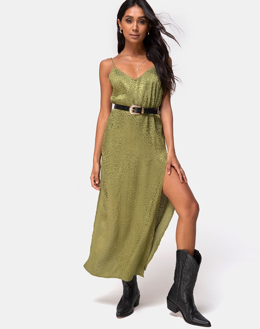 Image of Hime Kleid aus Satin Cheetah Khaki