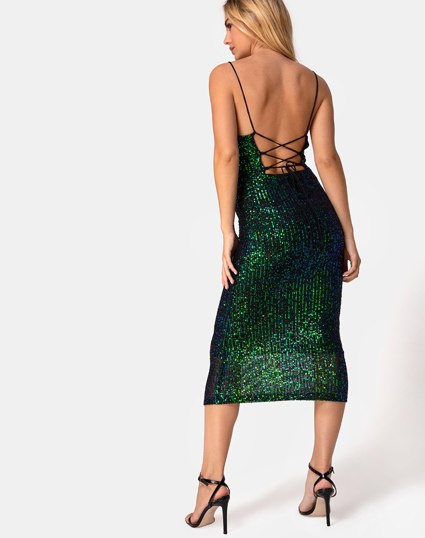 Image of Humia Midikleid aus Drapierung Netz Pailletten schillernd Grün