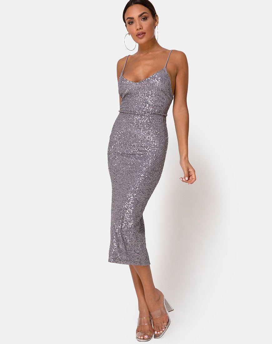 Humia Kleid aus Drapierungsnetz Pailletten Silber
