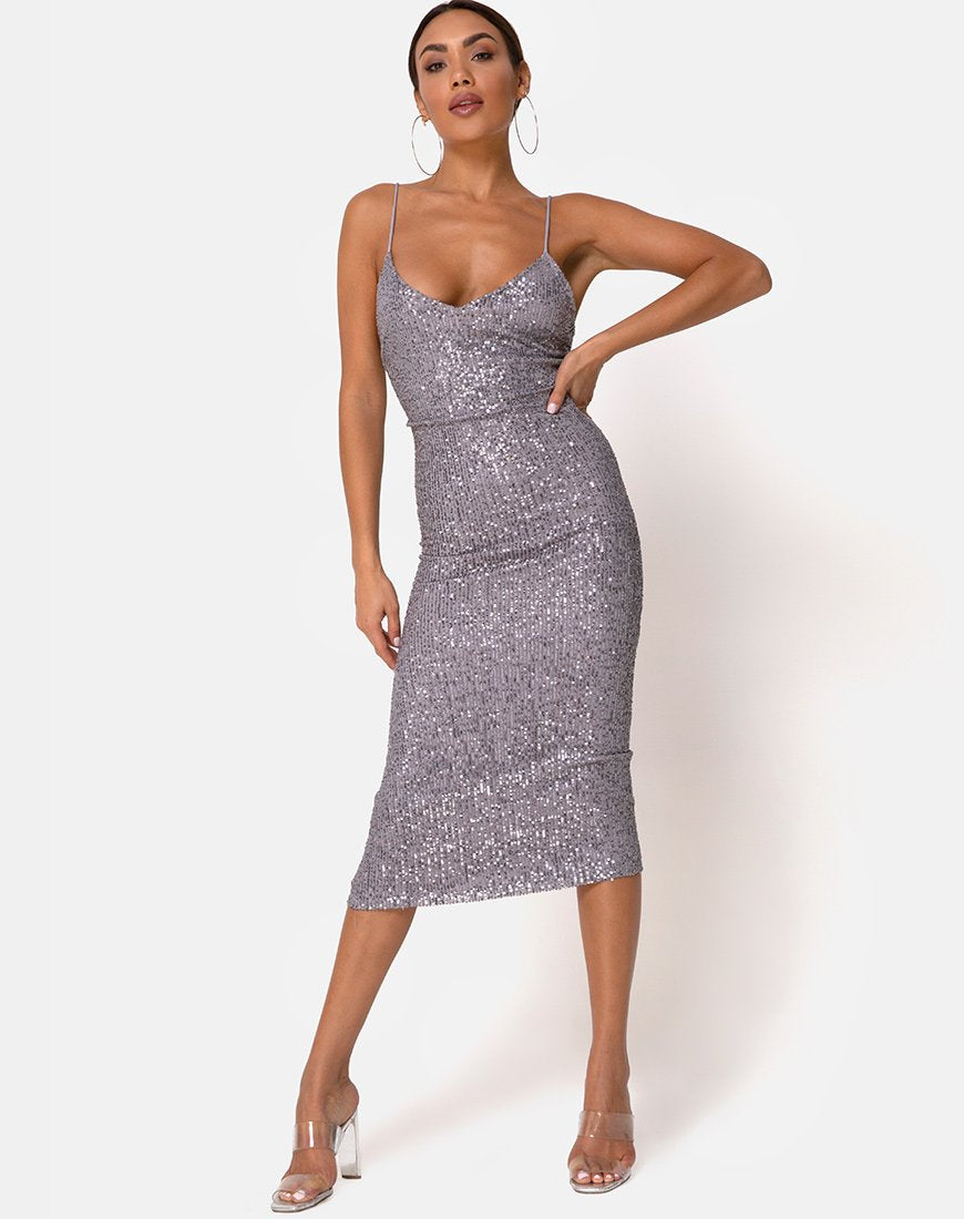 Image of Humia Kleid in Drapierung Netz Pailletten Silber
