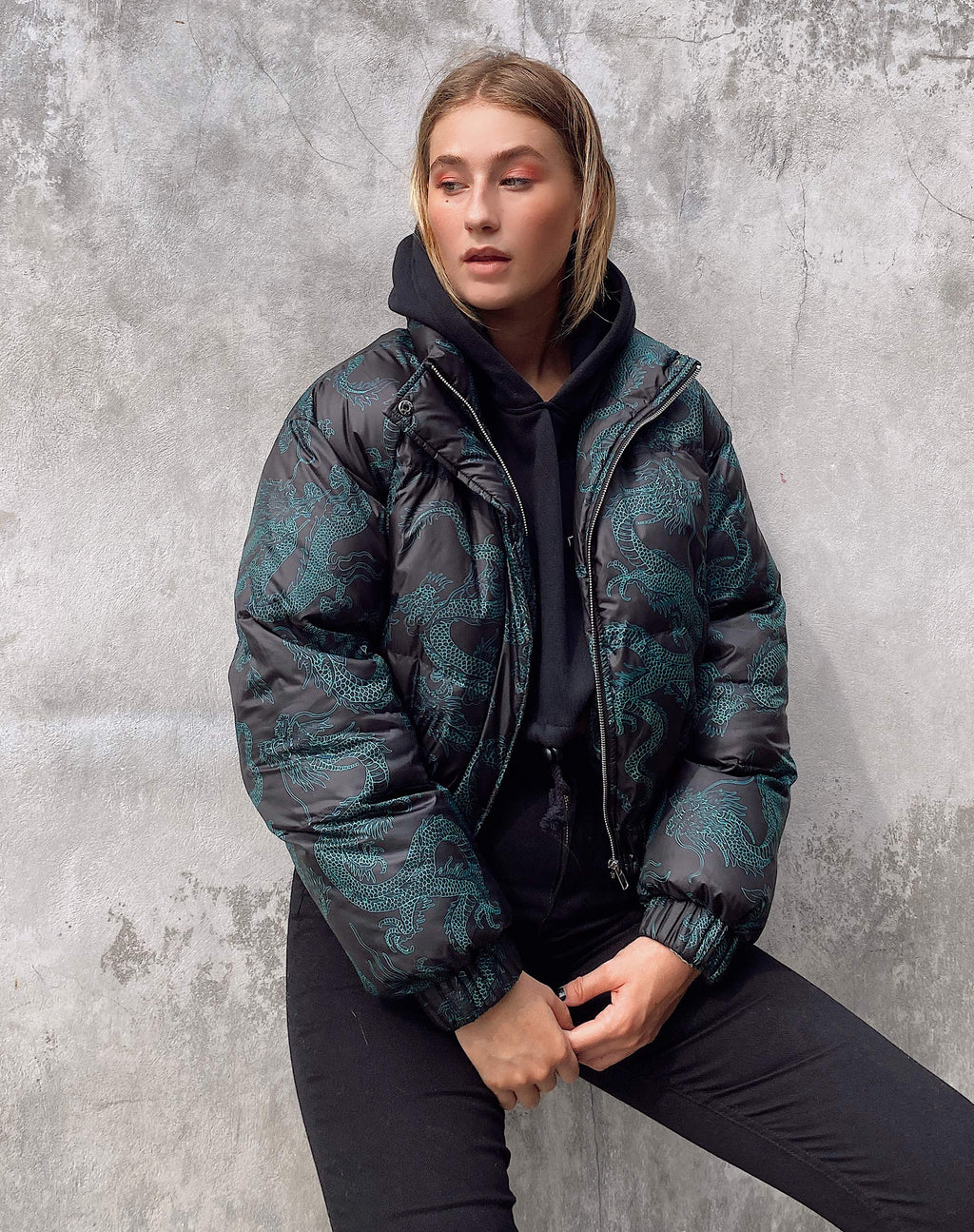 Rohos Pufferjacke in Drachenblume Schwarz und Mint