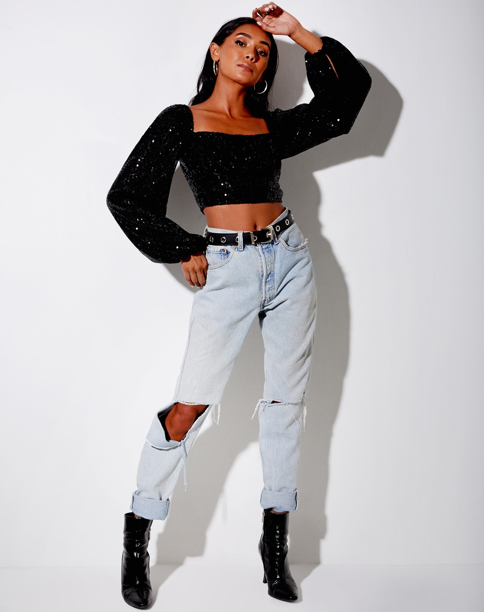 Bild von Irene Crop Top aus Drape Pailletten Schwarz