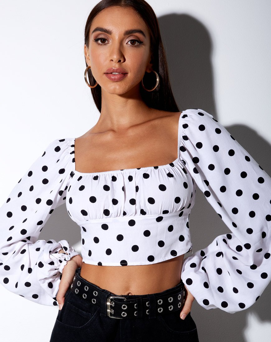 Irene Langarm-Top in 80's Polka Weiß