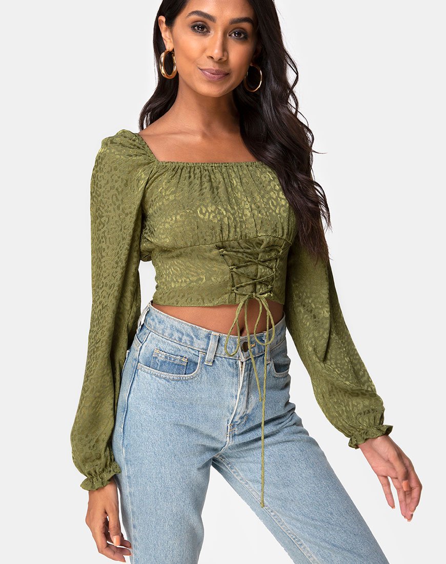 Iris Crop Top aus Satin Cheetah Khaki