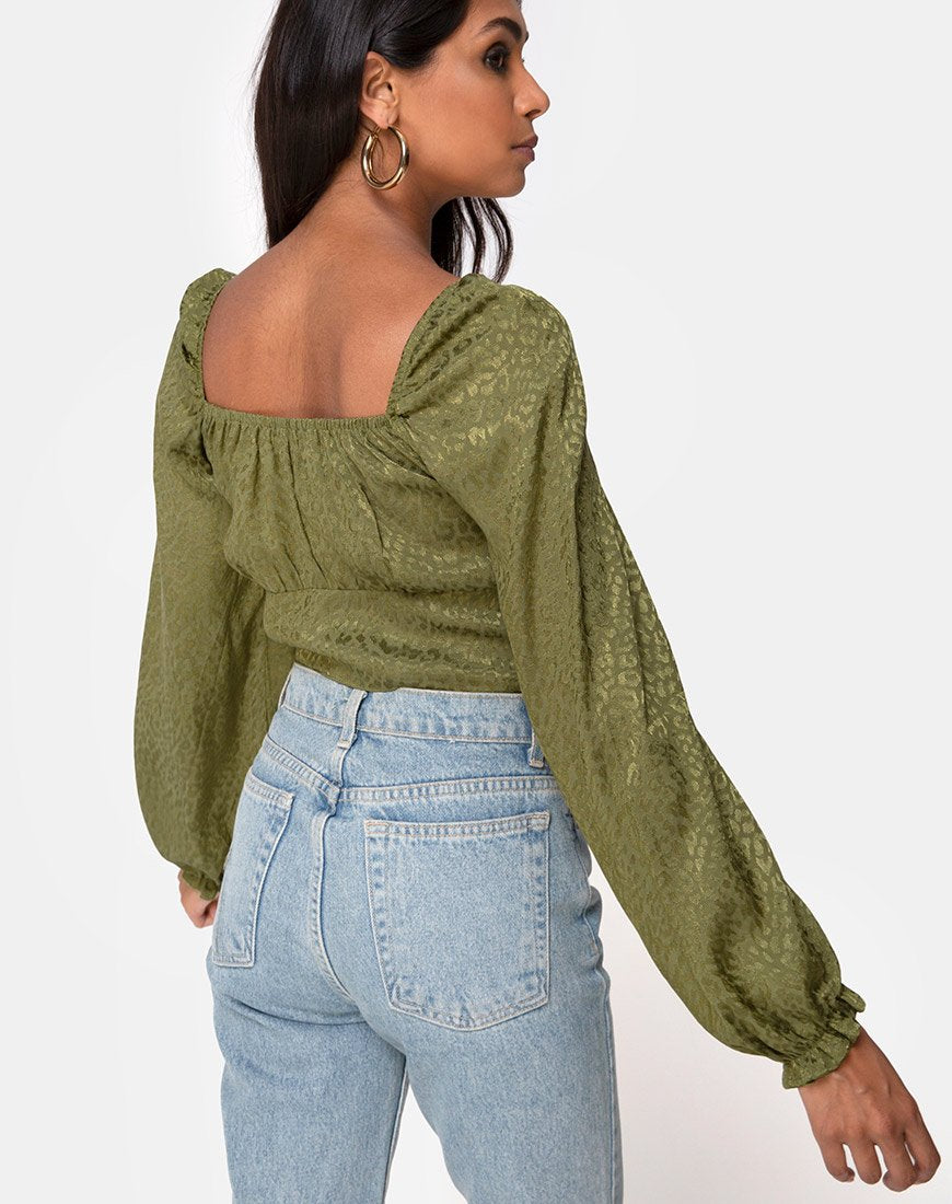 Iris Crop Top aus Satin Cheetah Khaki