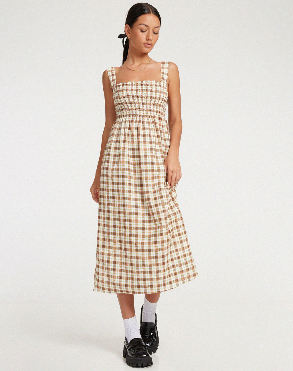 Jocasta Midikleid in Gelb und Braun kariert