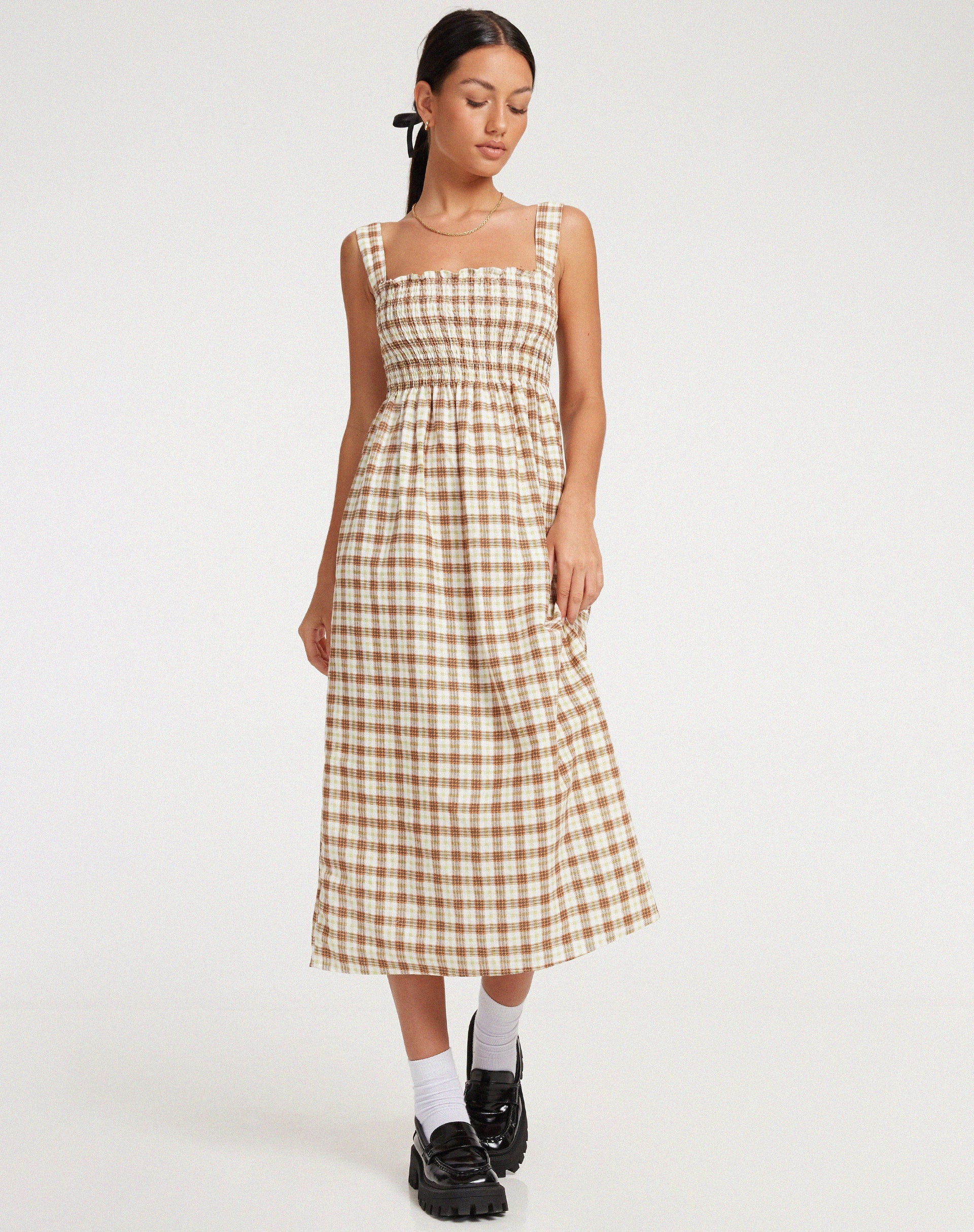 Bild von Jocasta Midikleid in Gelb und Braun Karo