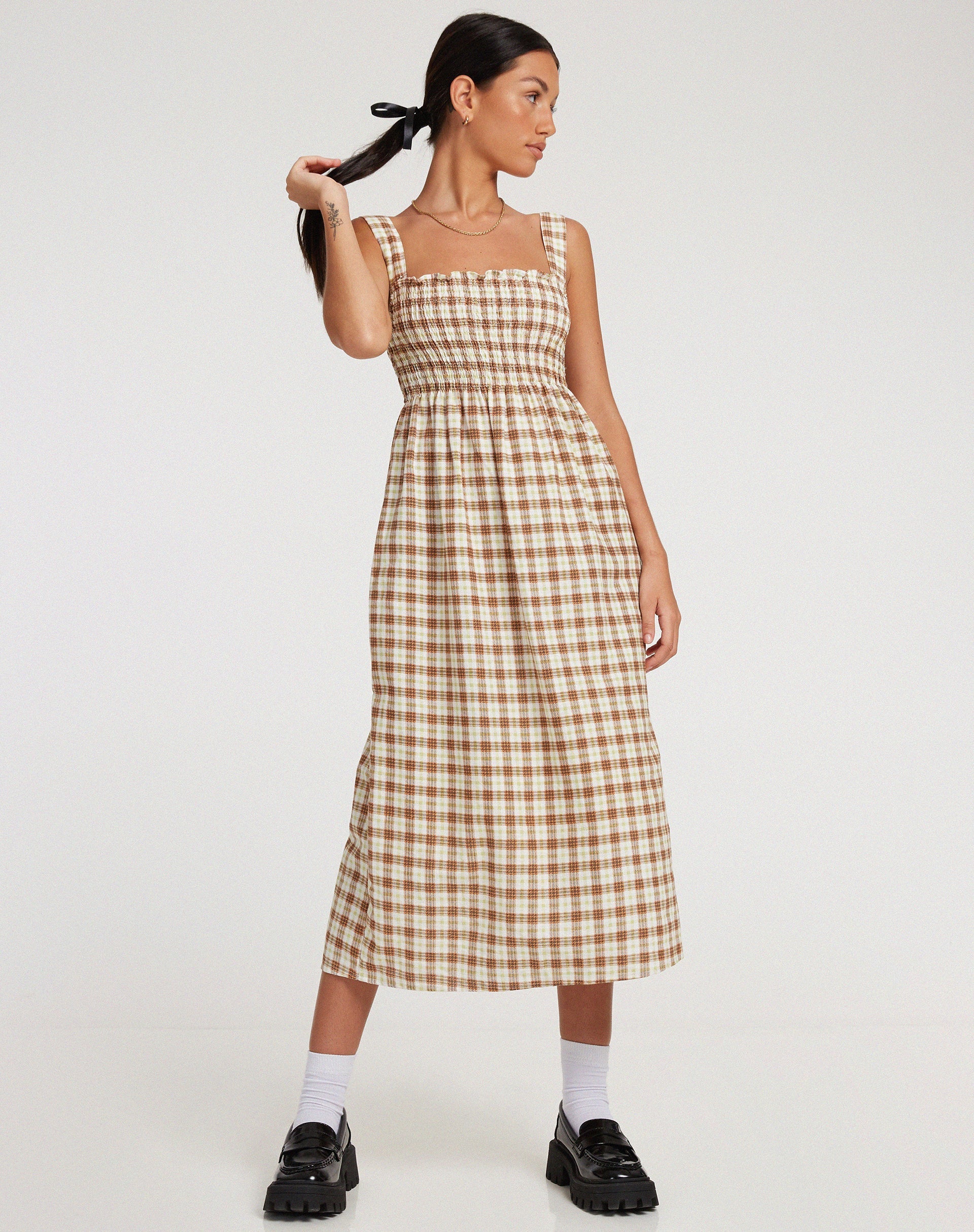 Bild von Jocasta Midikleid in Gelb und Braun Karo