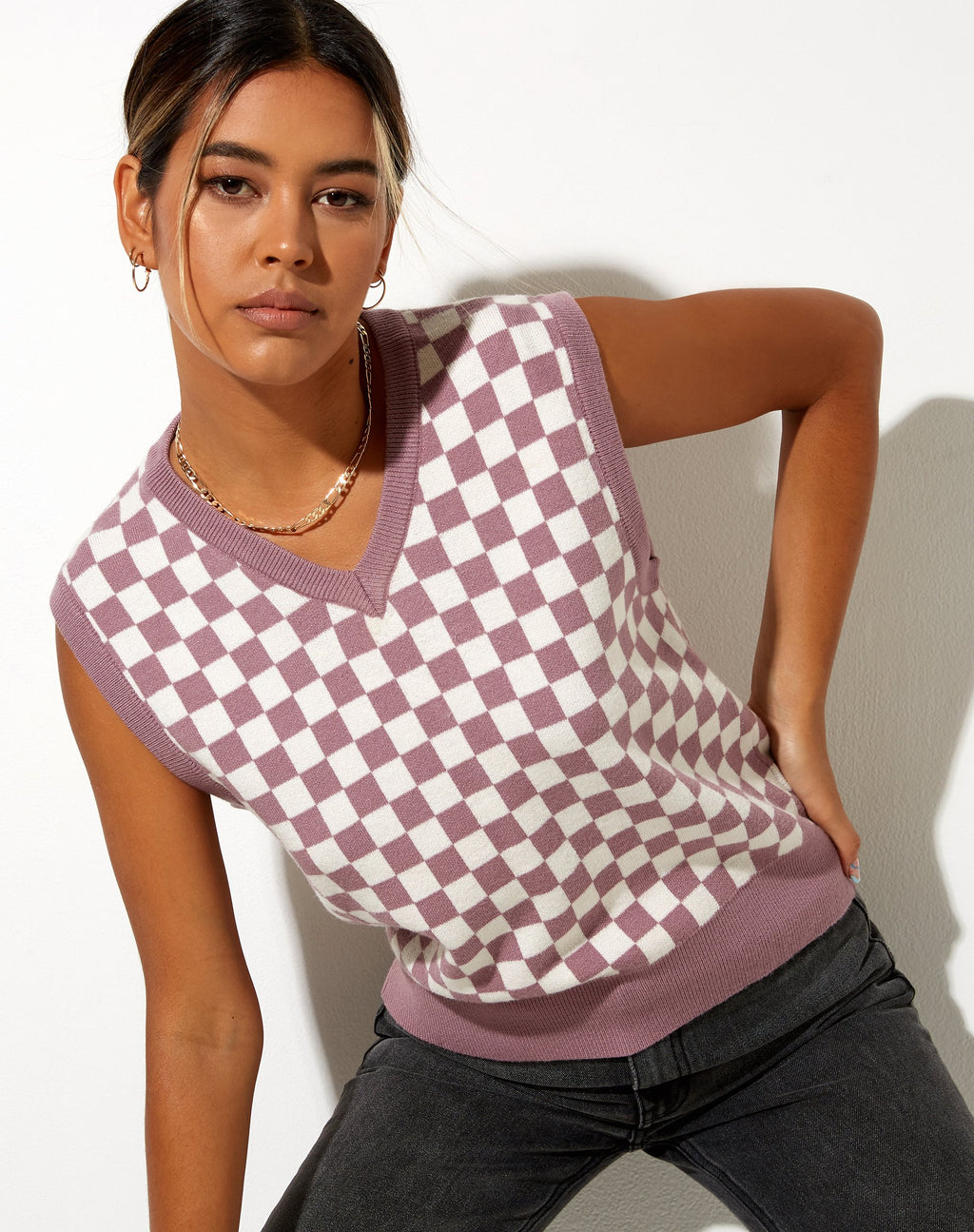 Joker-Westenoberteil aus Strickkaro lila-creme