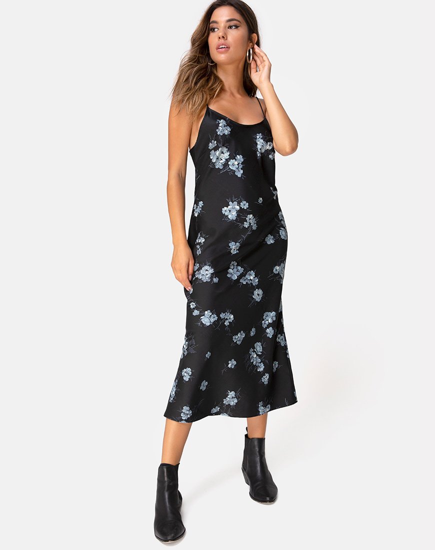 Image of Julia Maxikleid in Mono Flower Schwarzer Satin