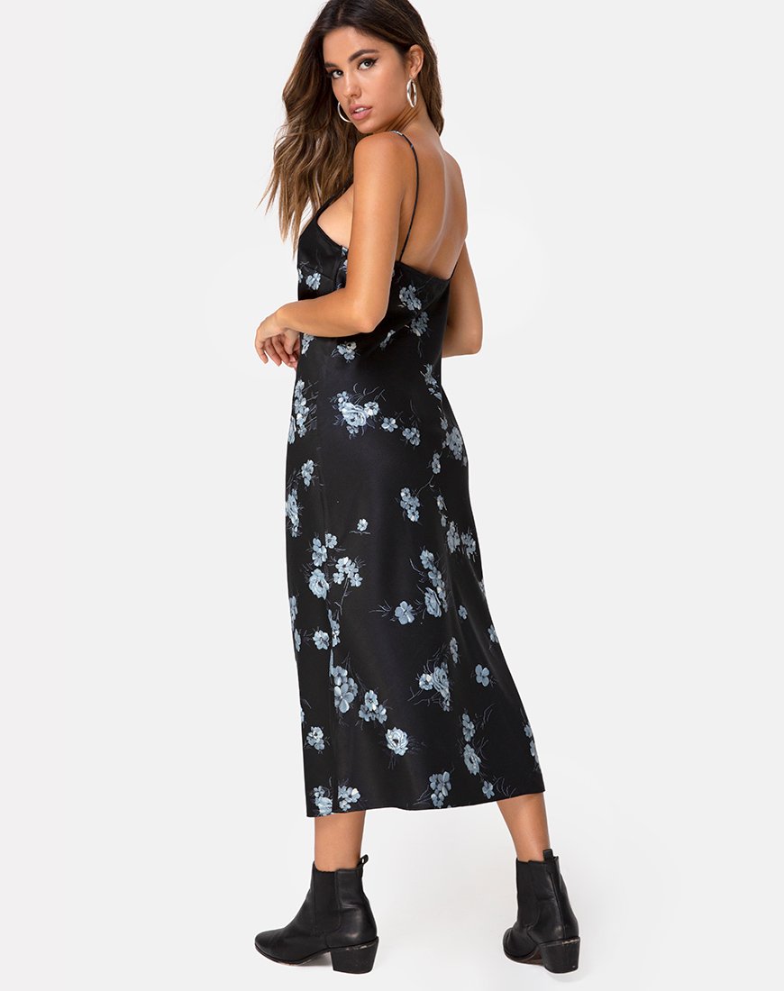 Image of Julia Maxikleid in Mono Flower Schwarzer Satin