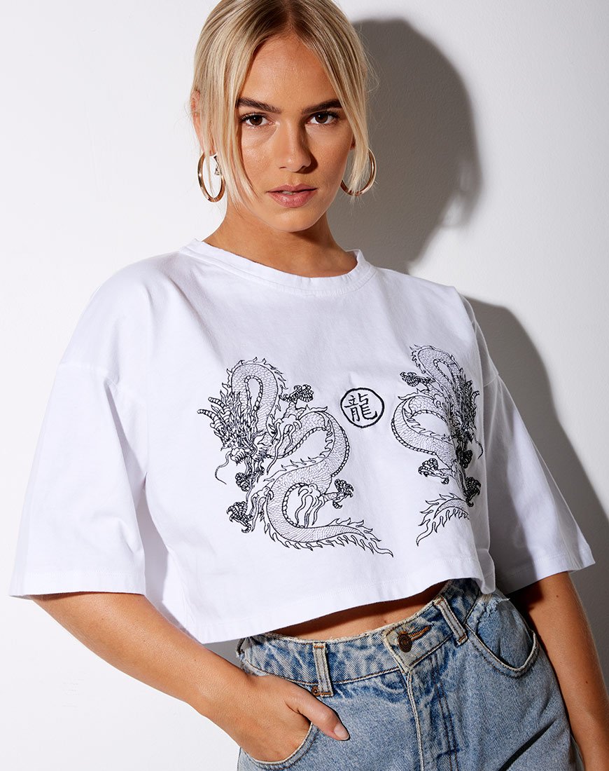 Kai Tee in Weiß Yin Yang Drachen Stickerei